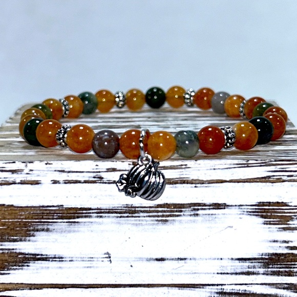 Handmade Fall Pumpkin Charm Bracelet with Natural Indian Agate & Sun Stones! - Picture 2 of 6
